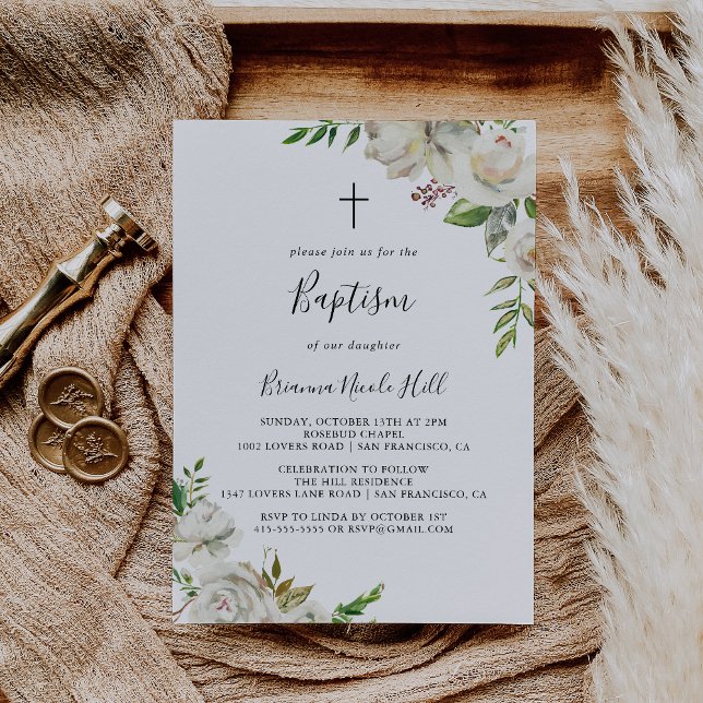 White Winter Peony Floral Baptism Invitation (Creator Uploaded)