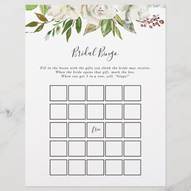White Winter Peony Floral Bridal Bingo Game (Front)