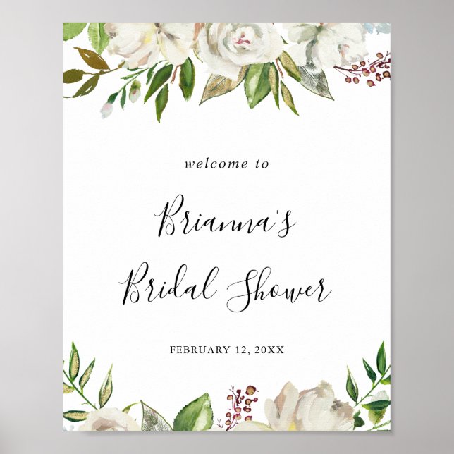 White Winter Peony Floral Bridal Shower Welcome Poster (Front)