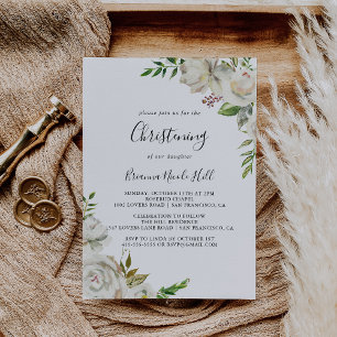 White Winter Peony Floral Christening Invitation