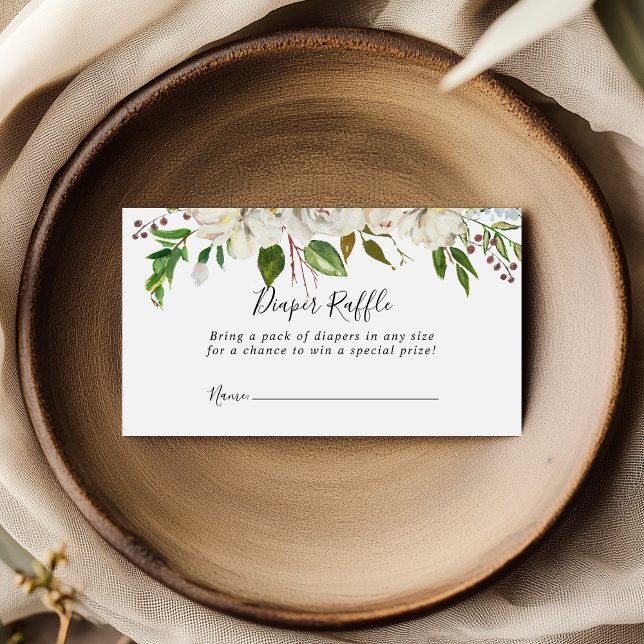 White Winter Peony Floral Diaper Raffle Ticket Enclosure Card (Creator Uploaded)