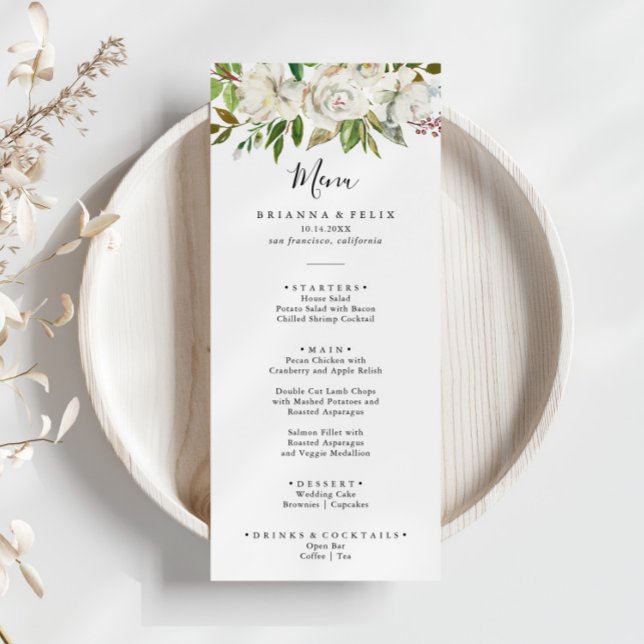 White Winter Peony Floral Dinner Menu (Creator Uploaded)