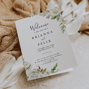 White Winter Peony Floral Folded Wedding Program