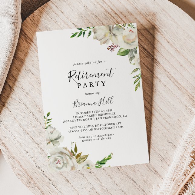 White Winter Peony Floral Retirement Party Invitation (Creator Uploaded)