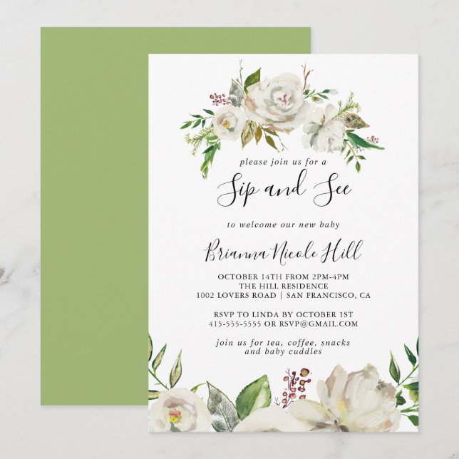White Winter Peony Floral Sip and See Invitation (Front/Back)