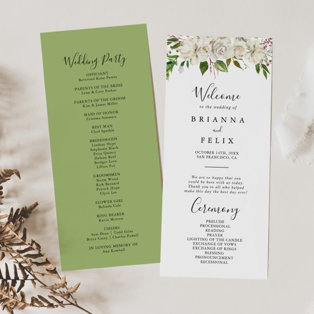 White Winter Peony Floral Wedding Program (Creator Uploaded)