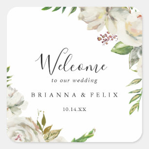 White Winter Peony Floral Wedding Welcome Square Sticker