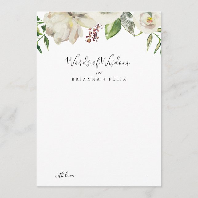 White Winter Peony Floral Wedding Words of Wisdom Advice Card (Front)