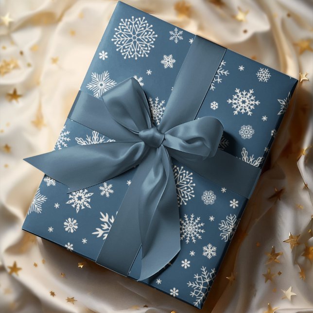 White Winter Snowflake Navy Blue Wrapping Paper (Creator Uploaded)