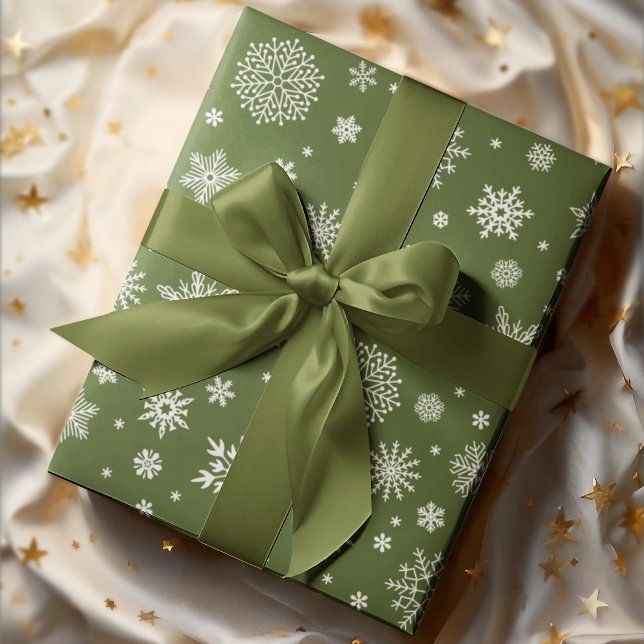 White Winter Snowflake Olive Green Wrapping Paper (Creator Uploaded)
