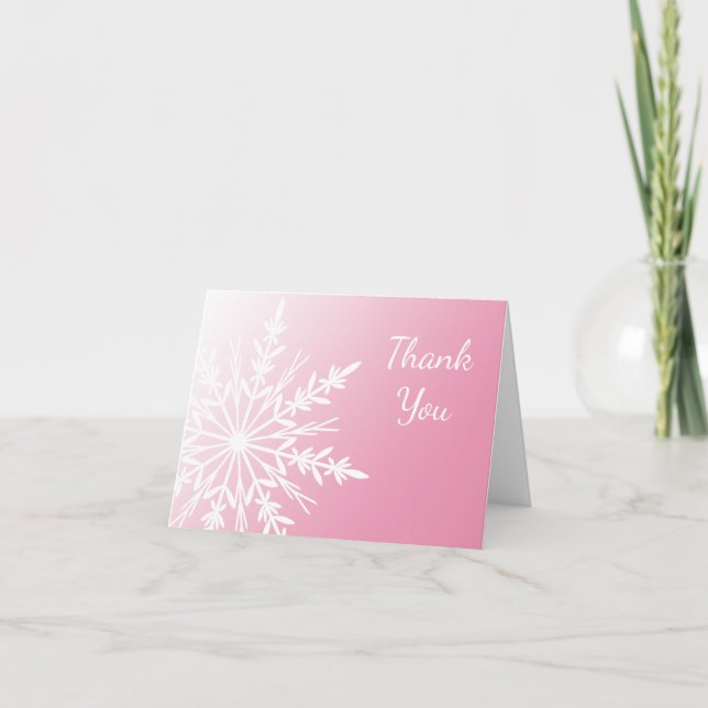 White Winter Snowflake on Pink Thank You Card (Front)