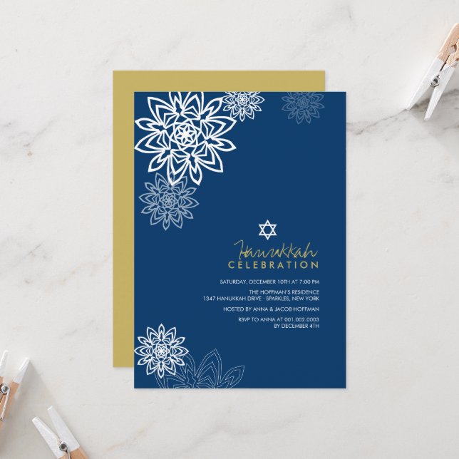 White Winter Snowflakes Hanukkah Celebration Party Invitation (Front/Back In Situ)