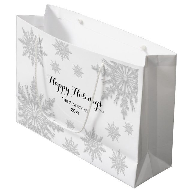 White Winter Snowflakes Happy Holidays Large Gift Bag (Front Angled)