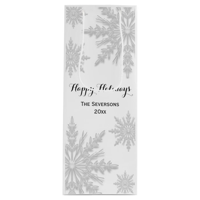 White Winter Snowflakes Happy Holidays Wine Gift Bag (Front)