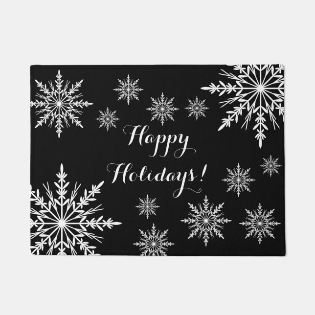 White Winter Snowflakes on Black Happy Holidays Doormat (Front)
