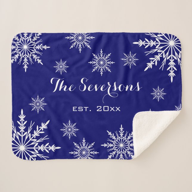 White Winter Snowflakes on Blue Sherpa Blanket (Front (Horizontal))