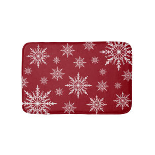 White Winter Snowflakes on Red Bath Mat