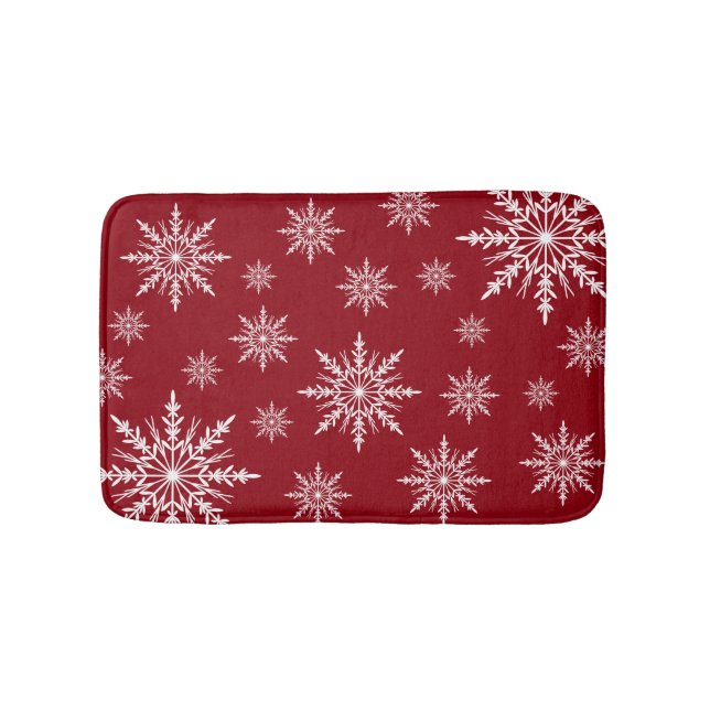 White Winter Snowflakes on Red Bath Mat (Front)