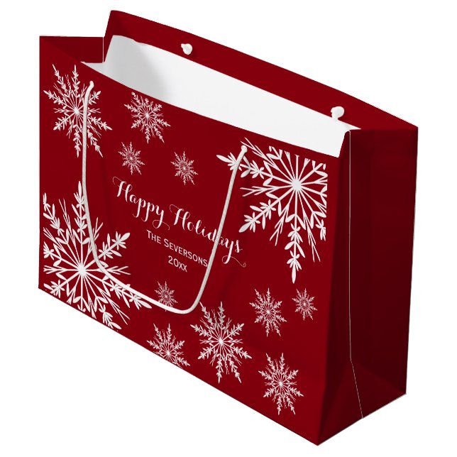 White Winter Snowflakes on Red Happy Holidays Large Gift Bag (Front Angled)