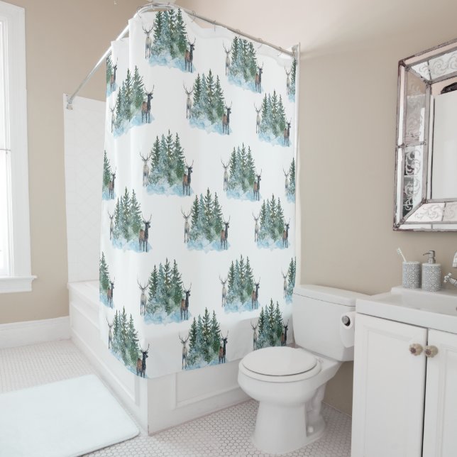 White Winter Wonderland Forest Antlers Pine Trees Shower Curtain (In Situ)