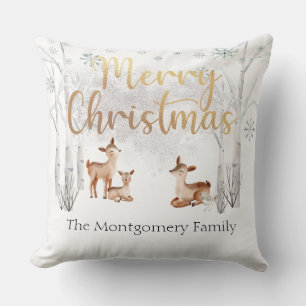 White Winter Woodland Deer & Gold Merry Christmas Cushion