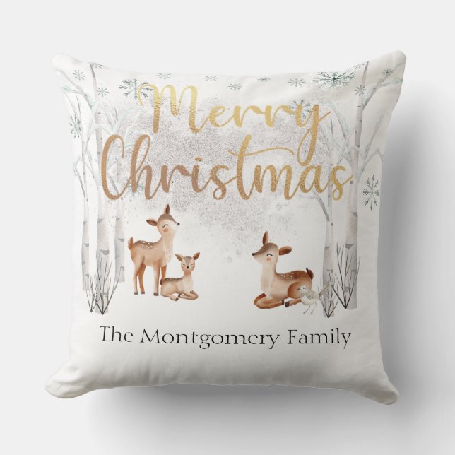 White Winter Woodland Deer & Gold Merry Christmas Cushion (Front)