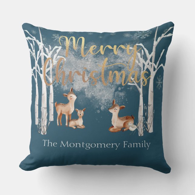 White Winter Woodland Deer on Blue Merry Christmas Cushion (Front)