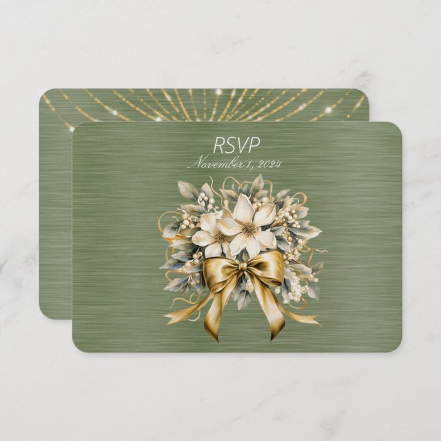 White Winterberry Green Leaf Gold Ribbon RSVP Card (Front/Back)