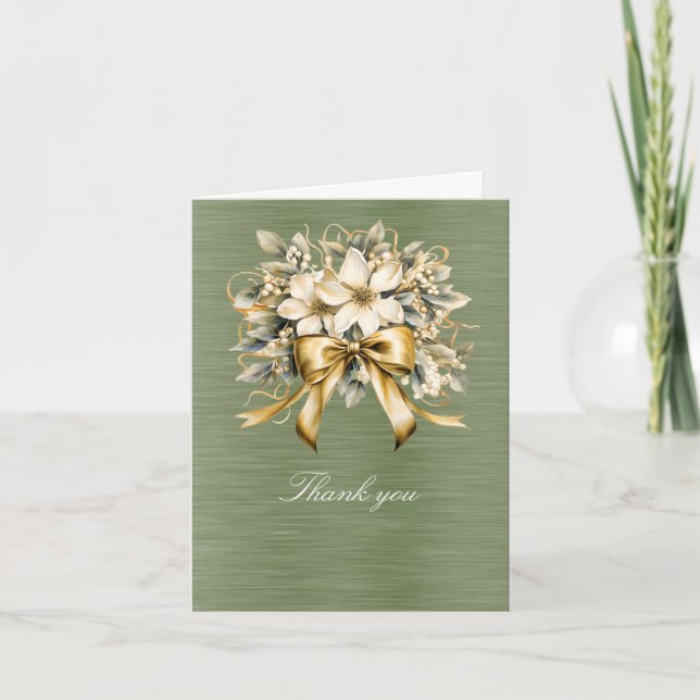White Winterberry Green Leaf Gold Ribbon Thank You Card (Front)
