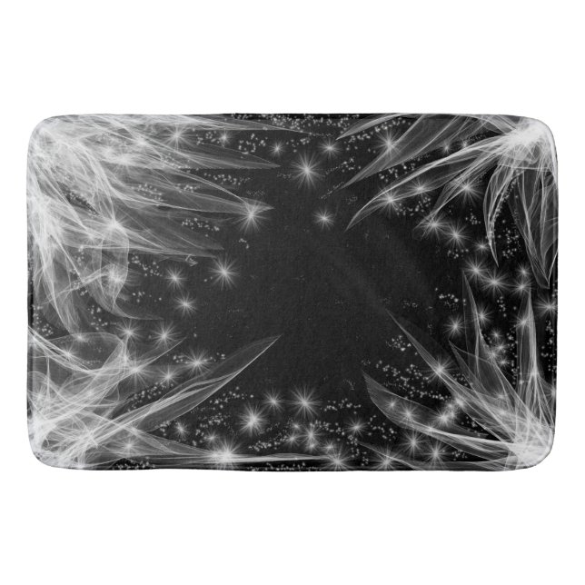 White wispy tendrils & stars on a black background bath mat (Front)