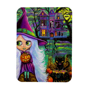 White Witch Haunted Tree House Black Cat Magnet