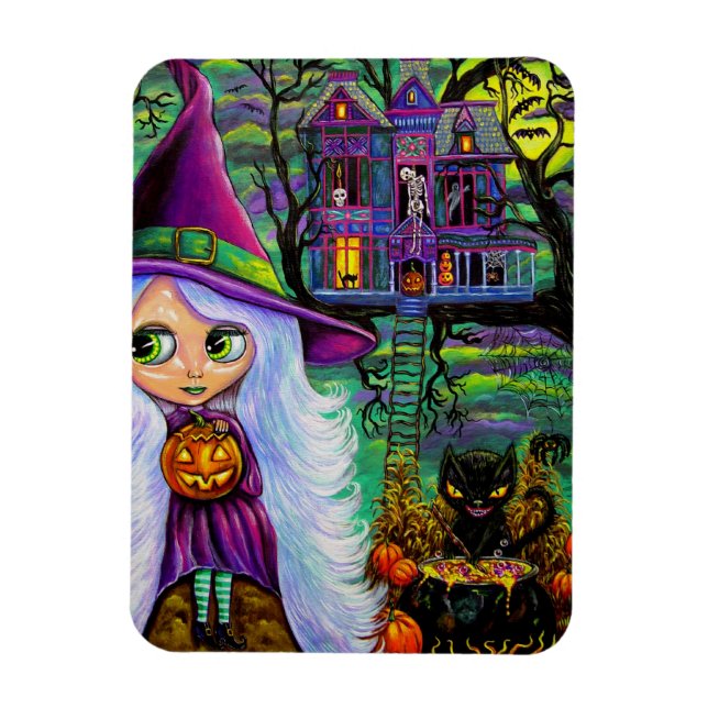 White Witch Haunted Tree House Black Cat Magnet (Vertical)