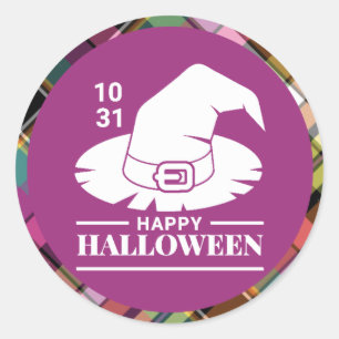 White Witches Hat Halloween Colourful Plaid Classic Round Sticker