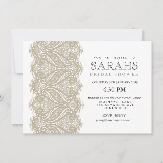 White with Beige Lace Bridal Shower Party Invite (Front)