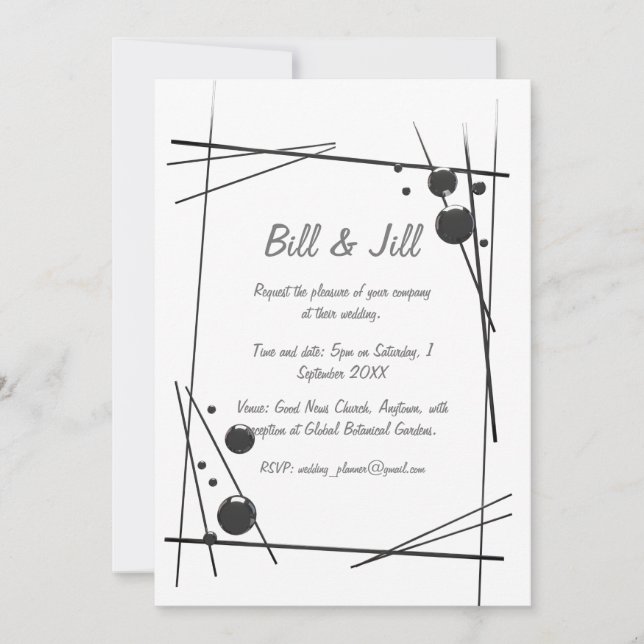 White With Black Abstract Line Art Wedding Invitation (Front)