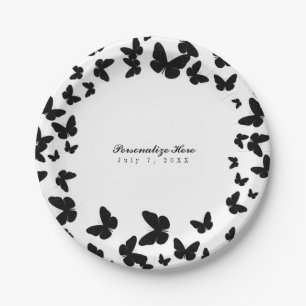 White with Black Butterflies Custom Chic Party Paper Plate
