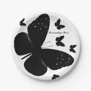 White with Black Butterflies Custom Chic Party Paper Plate