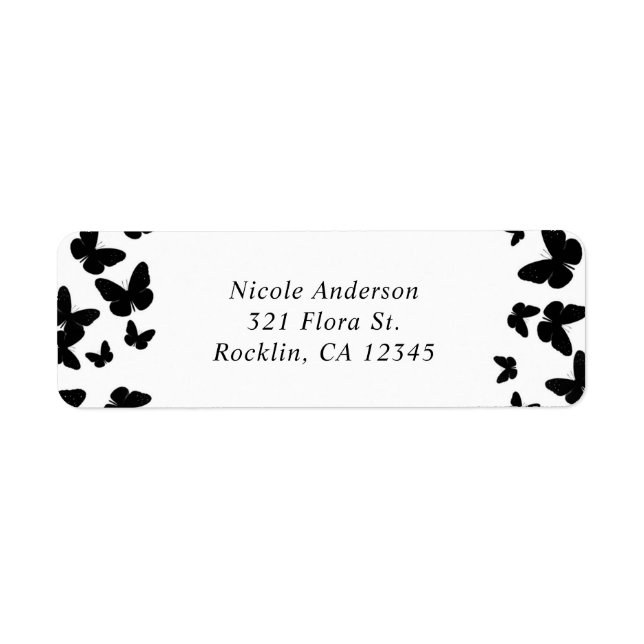 White with Black Butterflies Party Invitation Return Address Label (Front)