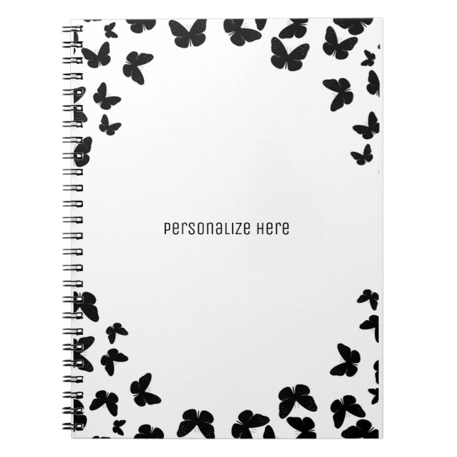 White with Black Butterflies Personalised Custom Notebook (Front)