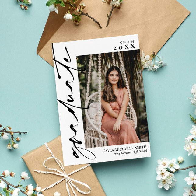 White with Black Calligraphy Photo Graduation Invitation (Creator Uploaded)