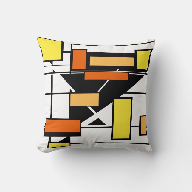 White with Black Yellow Orange Geometric Shapes Cushion (Front)