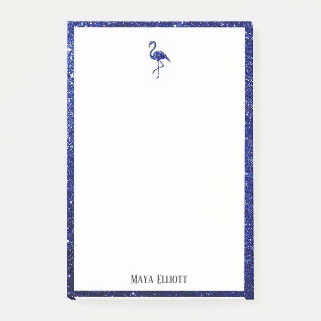 White with Blue Glitter Flamingo & Border w/ Name Post-it Notes (Front)