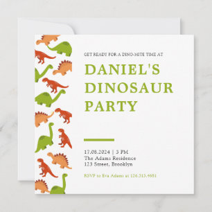 White with Dinosaur Graphics Dinosaur Birthday Invitation