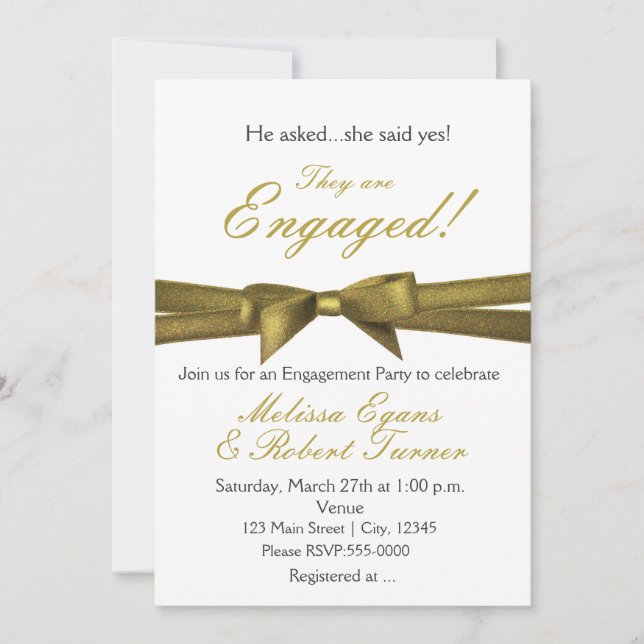 White with Gold Bow Engagement Party Invitations (Front)