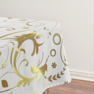 White With Gold Floral Fabric Pattern Tablecloth