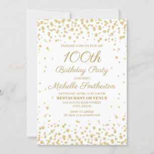 White with Gold Glitter 100th Birthday Party Invitation