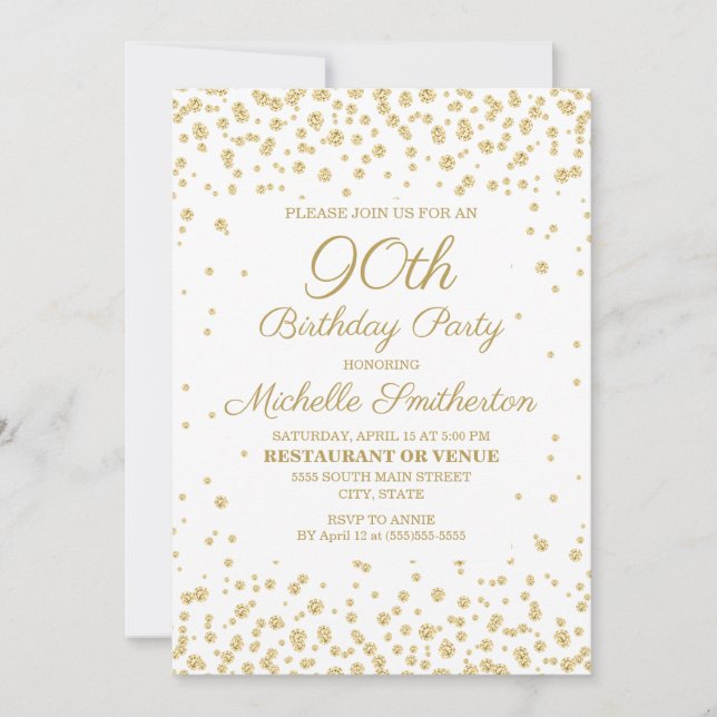 White with Gold Glitter 90th Birthday Party Invitation (Front)