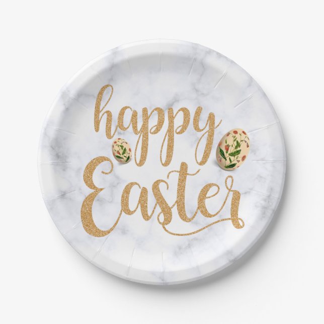 White with Gold Glitter Happy Easter | Elegant Paper Plate (Front)