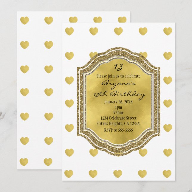White with Gold Hearts Birthday Party Invitations (Front/Back)