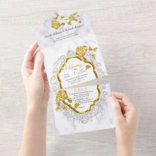 White with Gold lace and Roses All In One Invitation